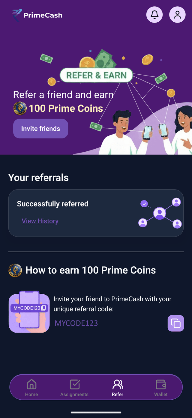 PrimeCash Refer Screen